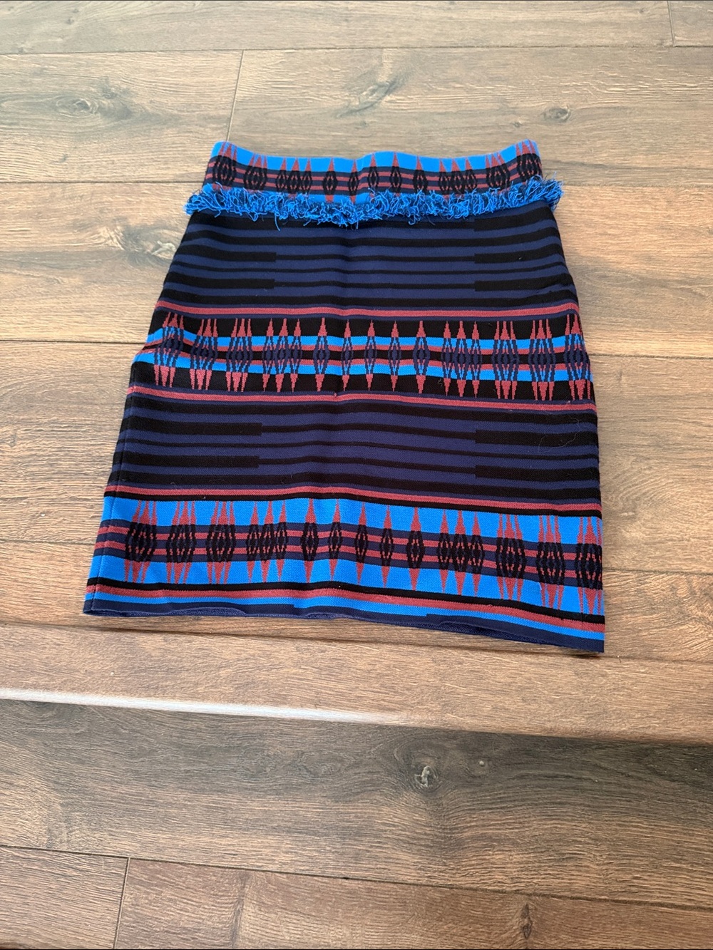 Ronny Kobo Collection Blue, Black & Red Patterned Fringe Waist Mini Skirt